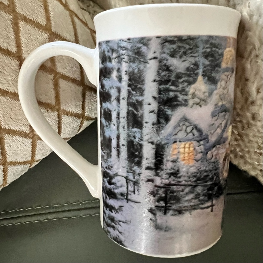 NWOT Vintage 1993 THOMAS KINKADE Snowy Cabin COFFEE Tea TALL MUG Cup 12-14 oz - Picture 14 of 17
